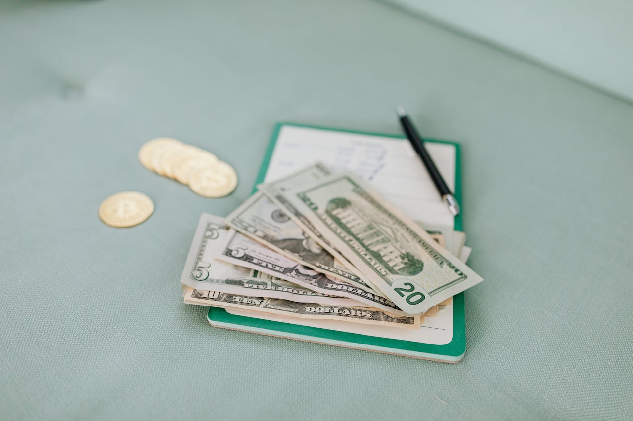 Close-up of coins and bills