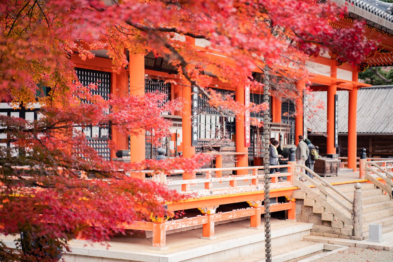 A serene walkway leading into a historic Japanese temple with visitors moving quietly.