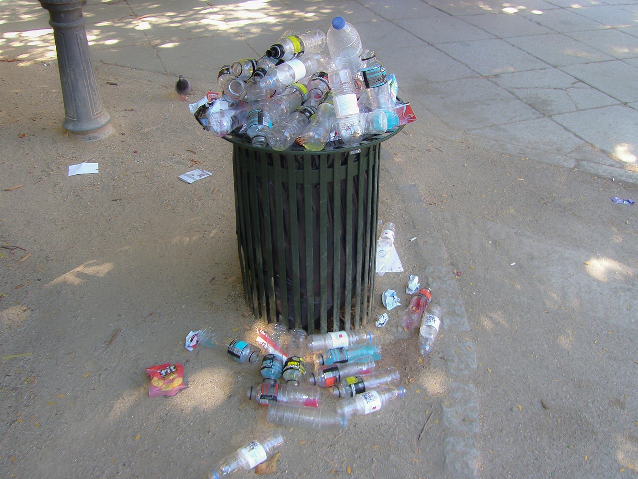 A household trash bin containing items like pesticide bottles, solvents, or paint thinner.