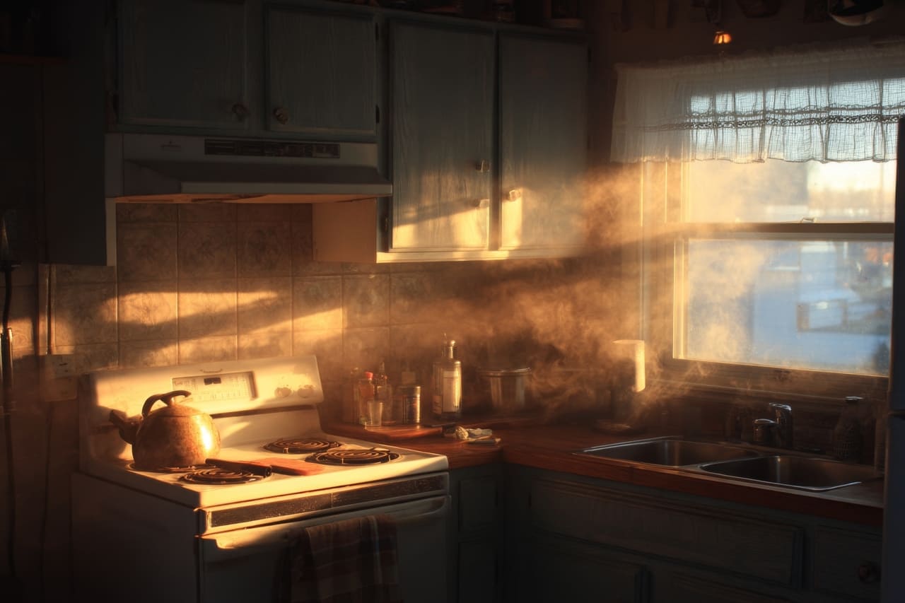 A dry, dusty drain trap illustration with rising fumes