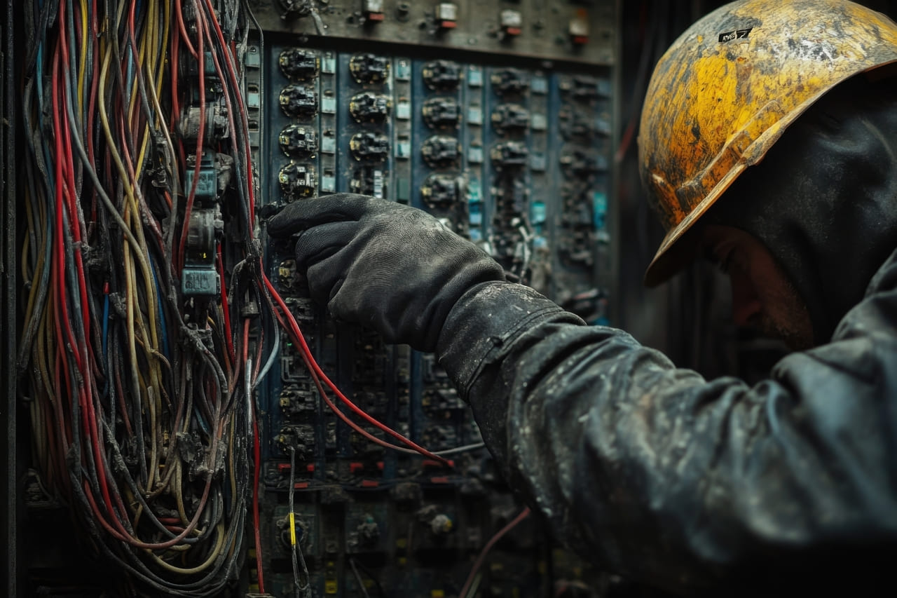 An electrician working inside an open breaker panel.