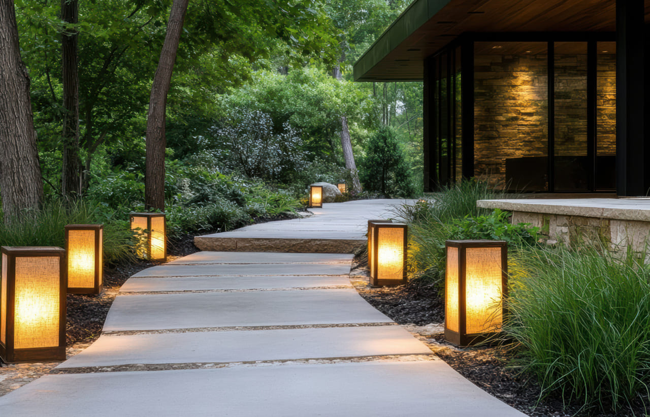 Low-voltage landscape lights along a walkway.