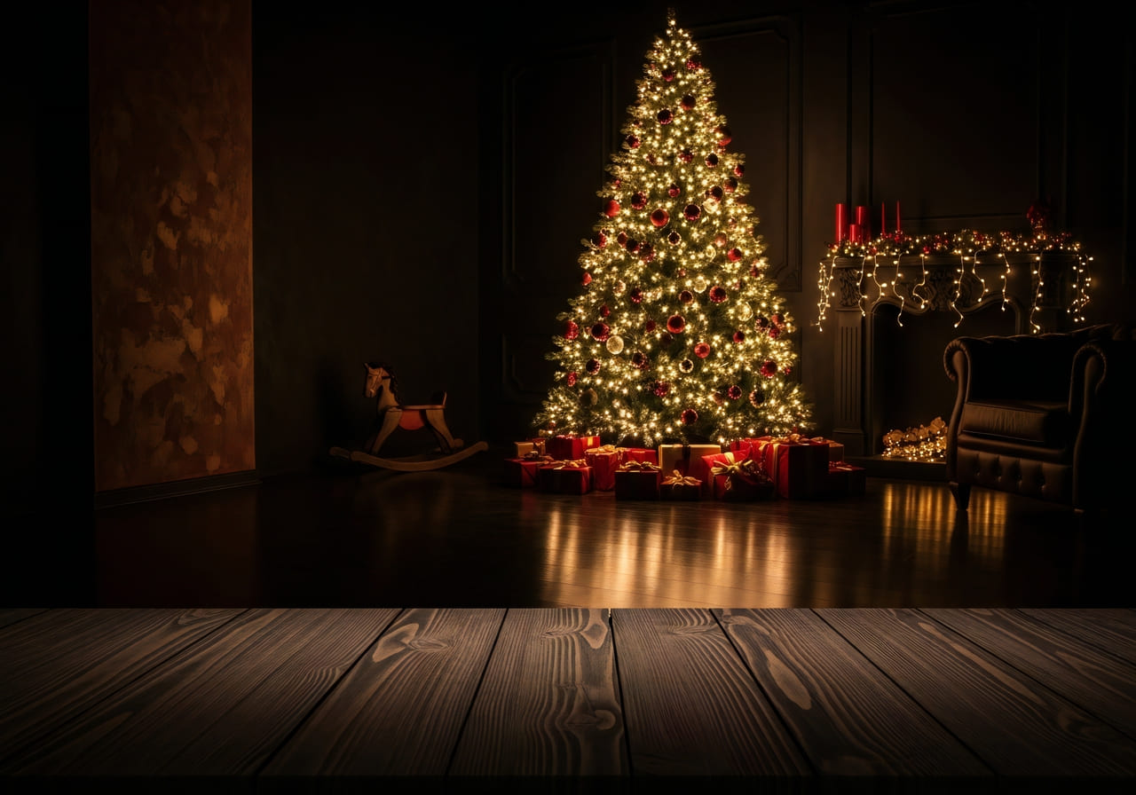 A close-up of Christmas tree lights glowing in a dark room,