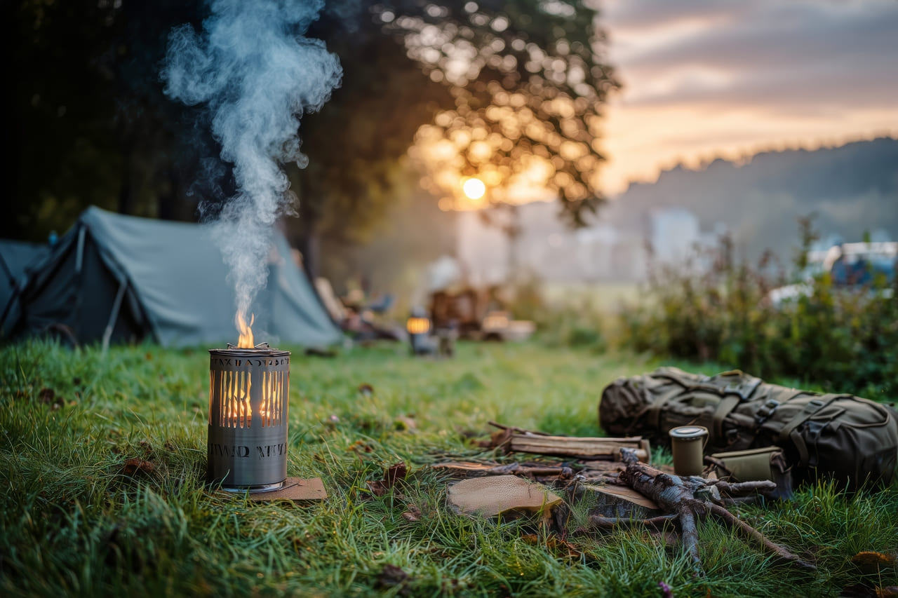 A rural backyard with a metal burn barrel emitting smoke,