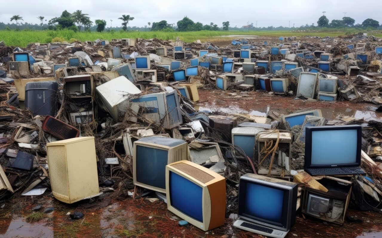 Old TVs, printers, or a refrigerator left on a roadside or vacant lot, representing illegal e-waste disposal.