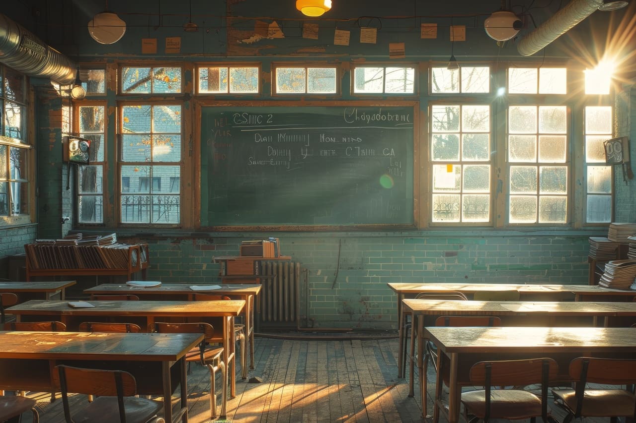 Vintage classroom interior with sunlight desks and chalkboard education setting