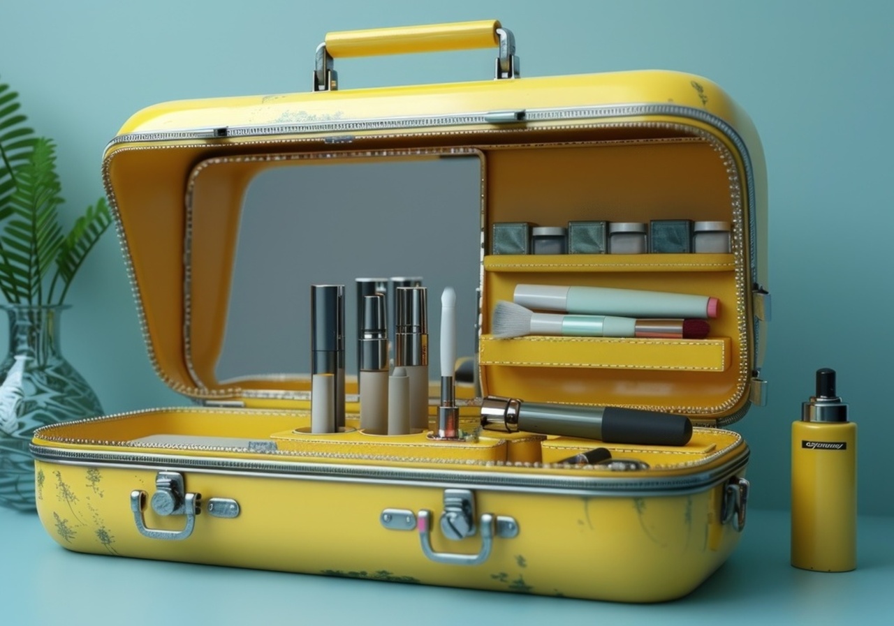 Yellow vanity case with open lid revealing makeup products and a mirror.