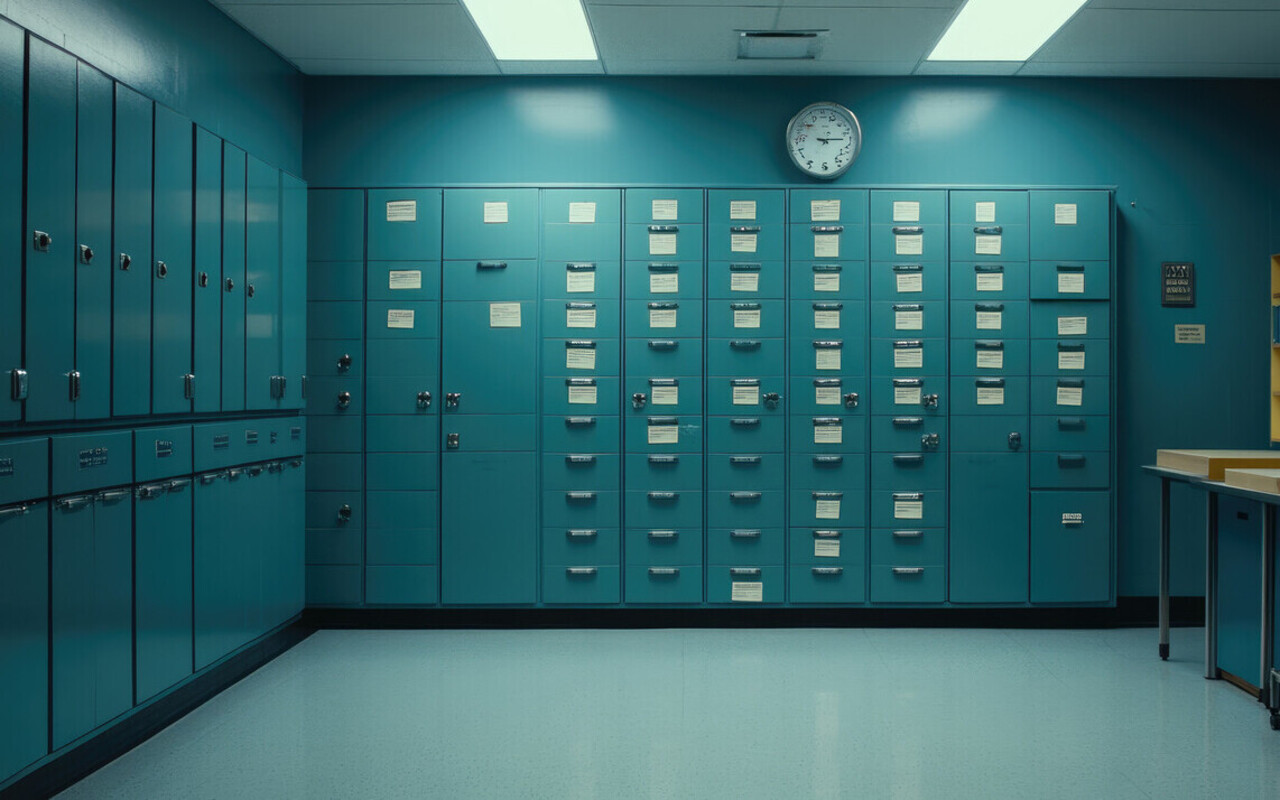 Late era photograph of a sparsely populated automat interior or a closing day image with empty compartments.