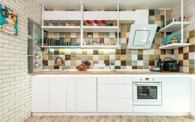 Kitchen backsplash with colorful retro hexagon tiles