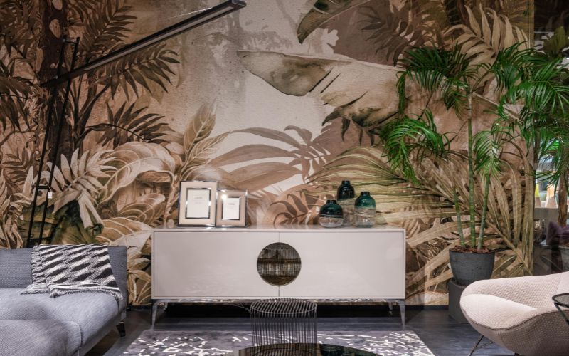 Living room with modern muted floral wallpaper accent wall