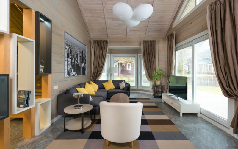 Living room featuring subtle geometric patterned carpet