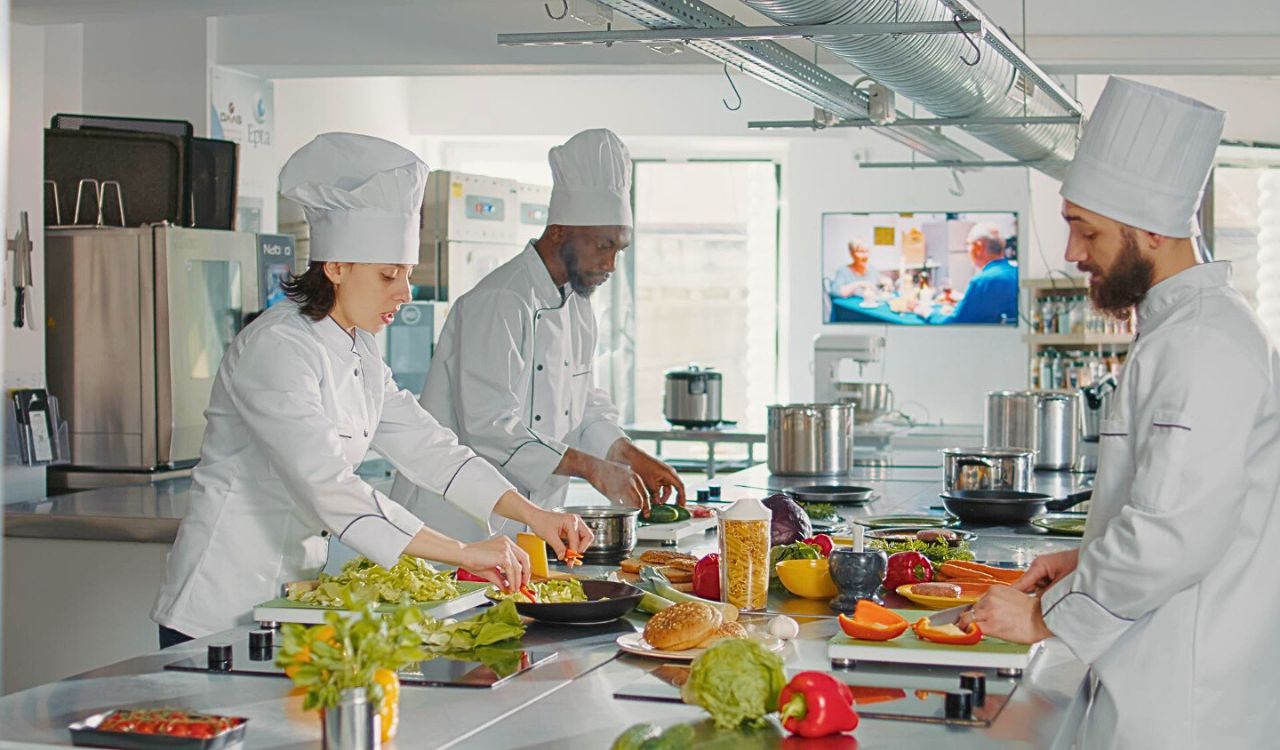 Chefs working in a busy restaurant kitchen, plating dishes and preparing meals behind the scenes.