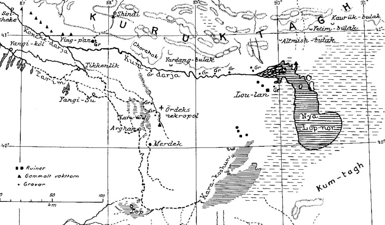 Antique Chinese map depicting the non-permanent lake of Lop Nor, inaccurately charted for centuries.