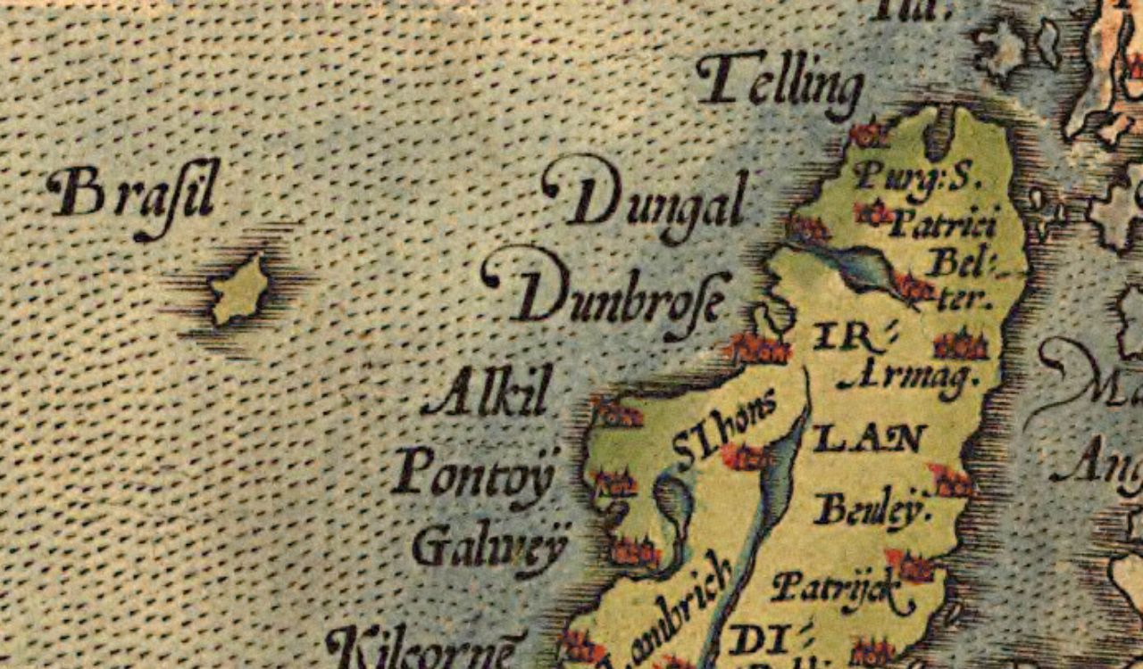 Old map of Ireland’s west coast featuring Hy-Brasil, a legendary island shrouded in mist.