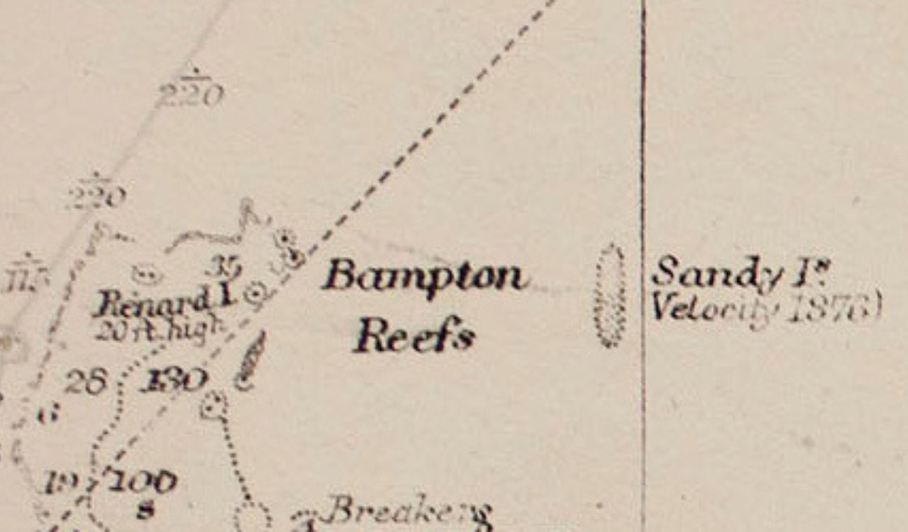 Historical map showing Sandy Island in the Coral Sea, a phantom island that appeared on charts for over a century.