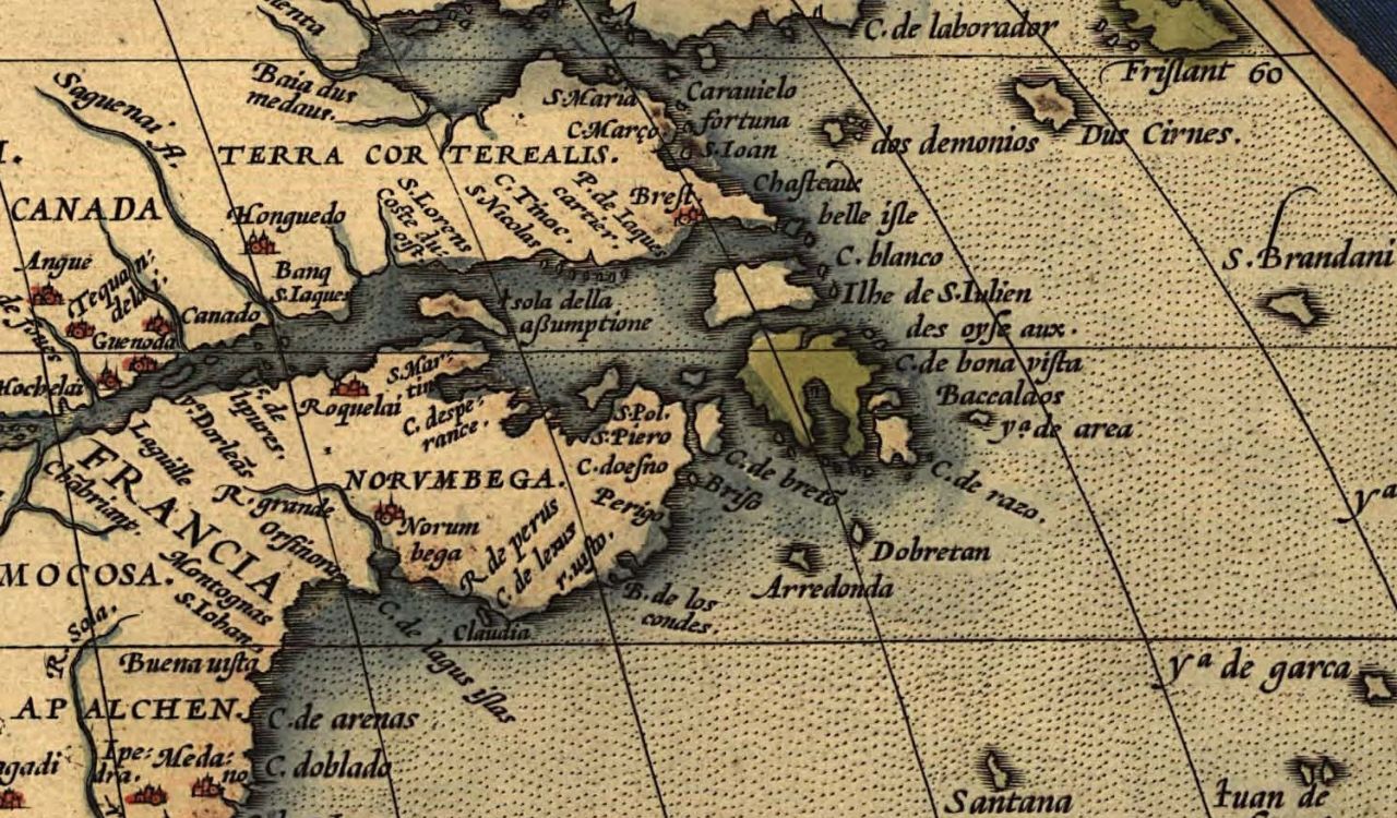 Early map of North America highlighting Norumbega, a legendary city believed to be wealthy and bustling.