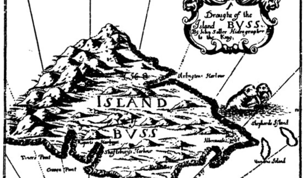 Historical North Atlantic map showing Buss island, a phantom land that never existed.