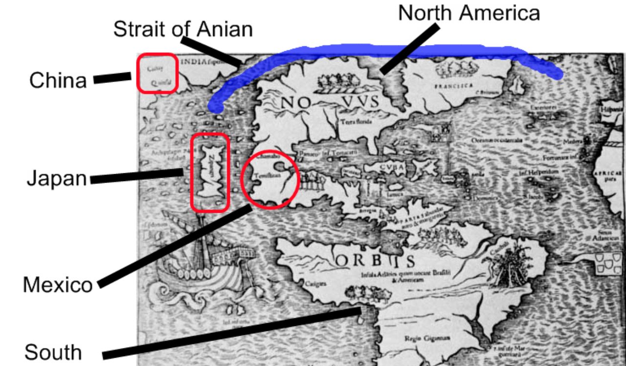 16th-century North American map marking the fictional Strait of Anian connecting the Pacific and Atlantic oceans.