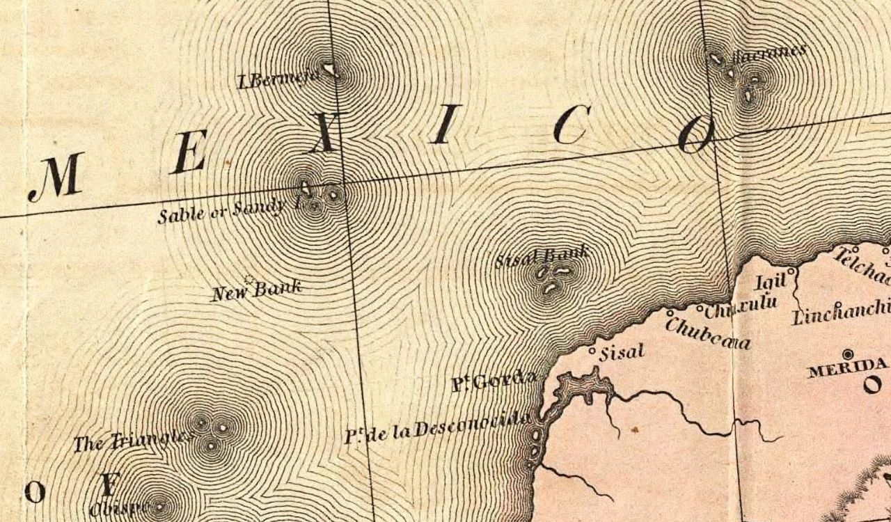 Historical Gulf of Mexico map with Bermeja island marked, a phantom island never found in reality.