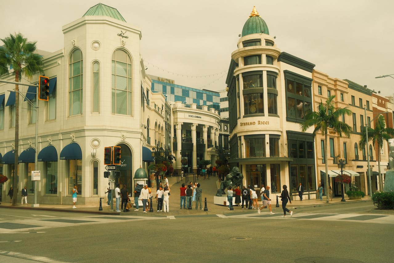 Upscale boutiques along Rodeo Drive in Beverly Hills, California”
