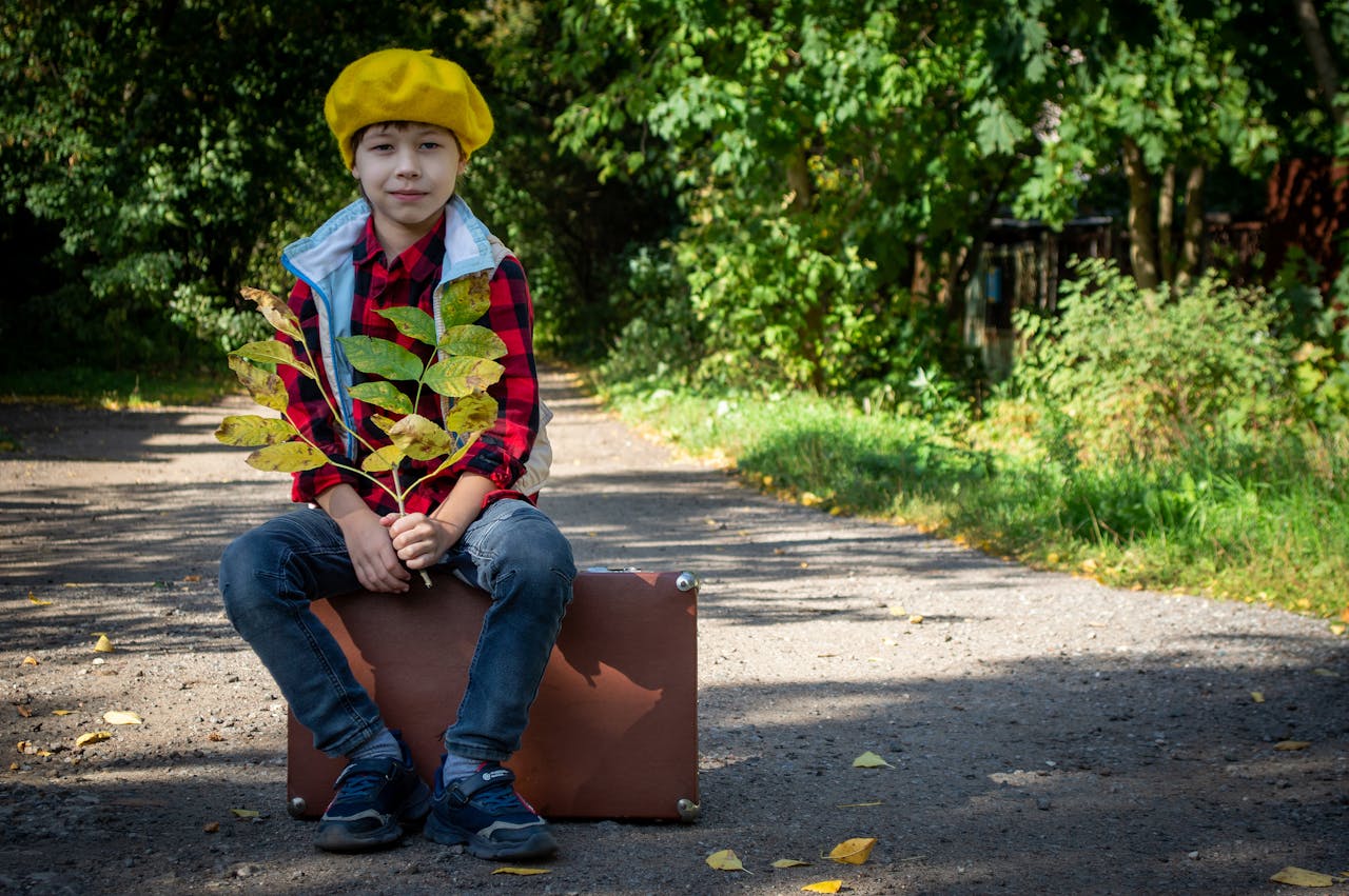 Child sneaking away with a small suitcase while adults look surprised, capturing youthful adventure