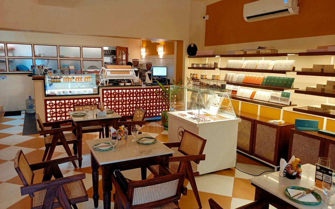 Interior of a small restaurant with plated dishes