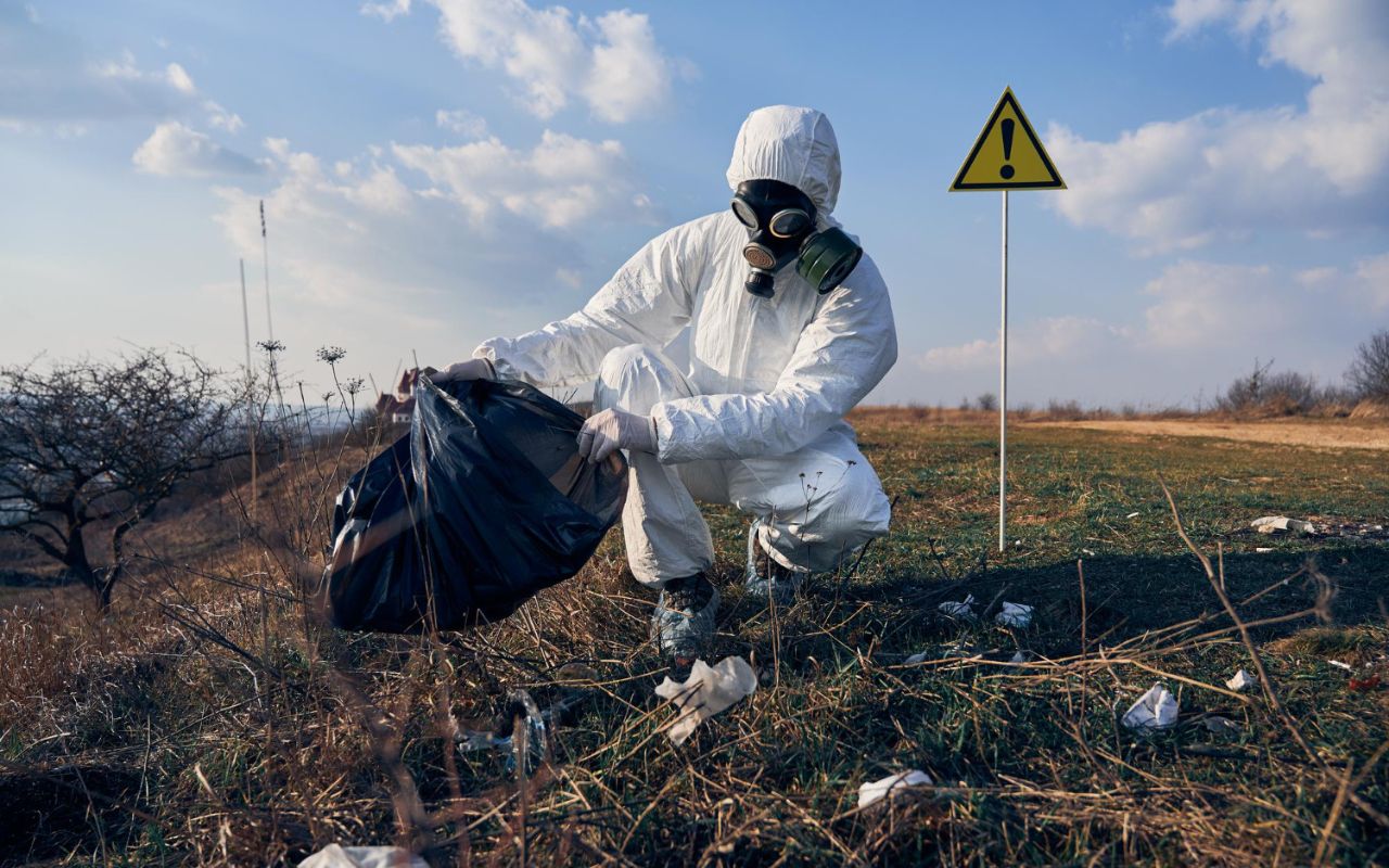 Secured radioactive waste container at a specialized facility, showing safe handling of hazardous materials.