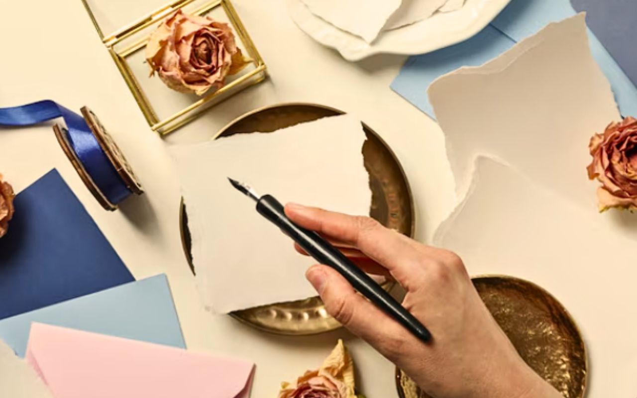 Flat lay of vintage-inspired pen pal stationery with envelopes, calligraphy pens, wax seal, washi tape, and handmade paper