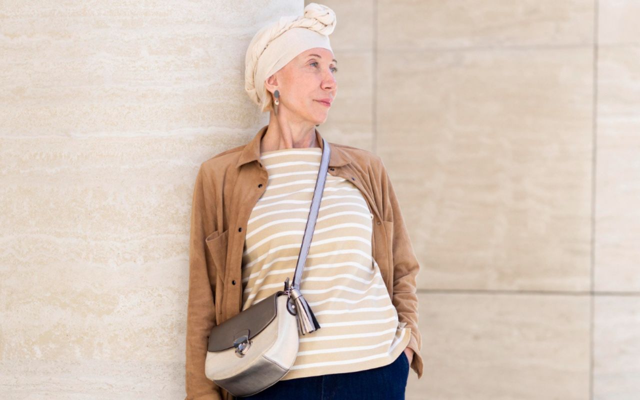 Striped Tee Under a Camel Blazer