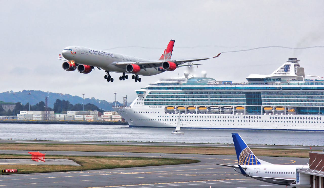A collage of an airplane, cruise ship, and hotel lobby to represent the broader travel sector.